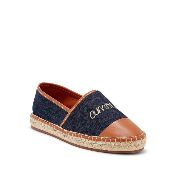 Cinq A Sept Jenna Denim Leather Cognac Espadrille Flats AMOUR 38 7 7.5 Brand NEW - Picture 2 of 8